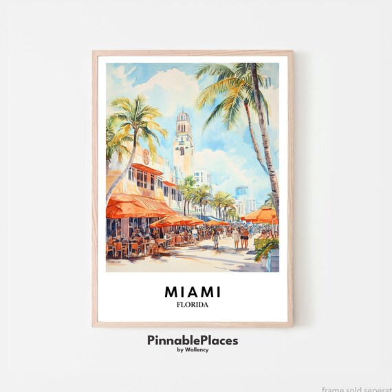 Miami South Beach Watercolor Poster Ocean Drive Art Deco Florida Scene
