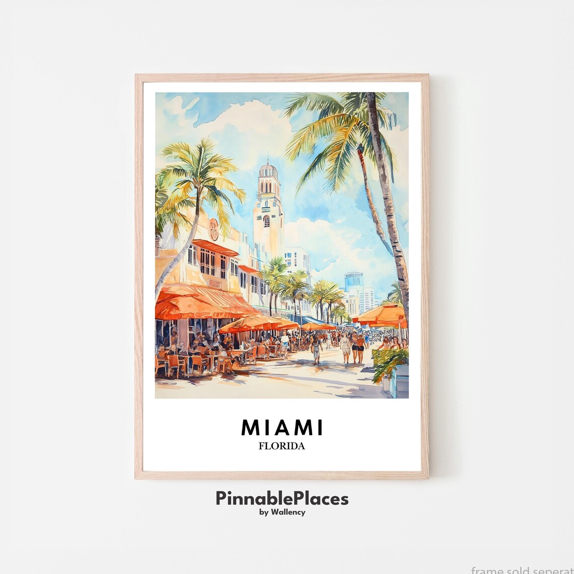 Miami South Beach Watercolor Poster Ocean Drive Art Deco Florida Scene