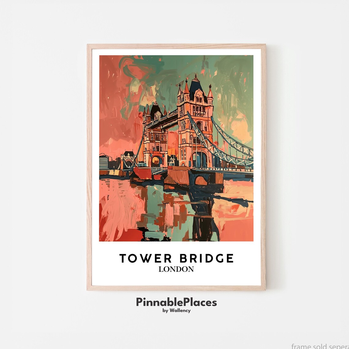 Tower Bridge London Colorful Gouache Sunset Painting Travel Poster
