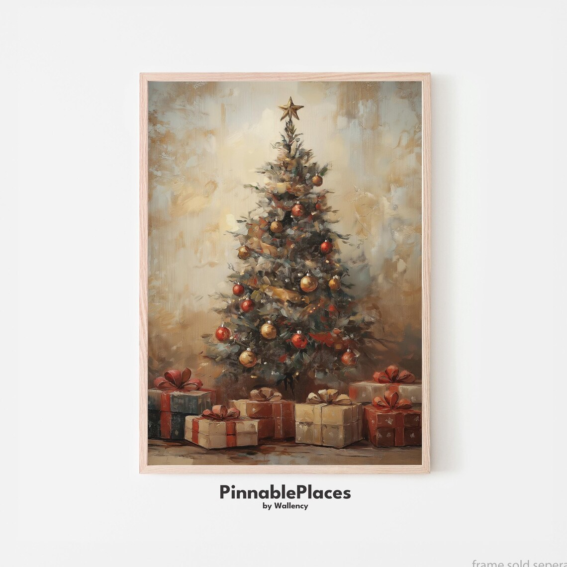 Vintage Christmas Tree with Gifts Oil Painting Holiday Wall Art