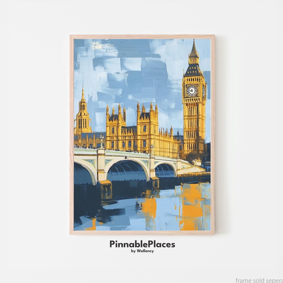 Big Ben Westminster Bridge London Gouache Painting Travel Poster