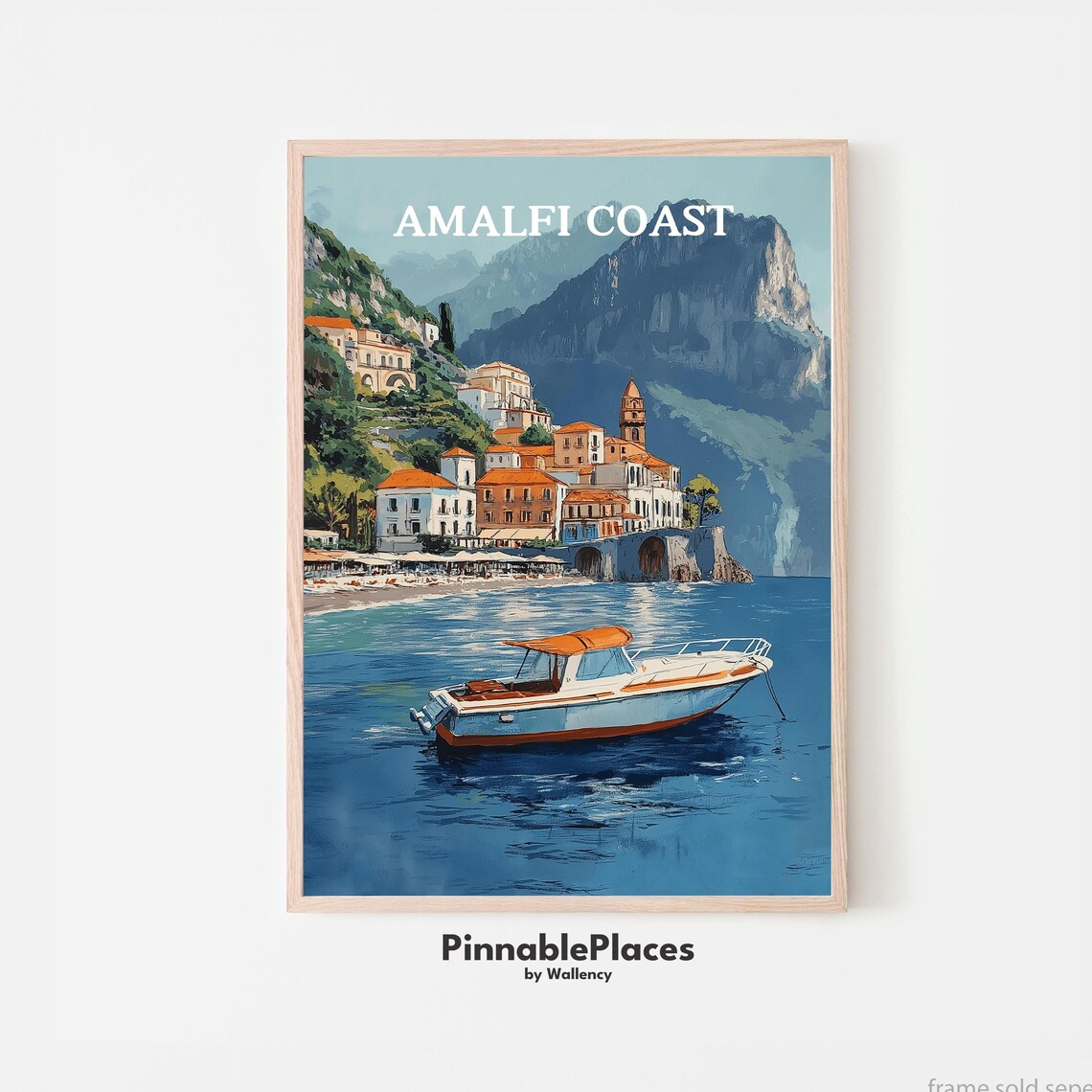 Amalfi Coast Cliffside Village Boat Vintage Travel Art Poster