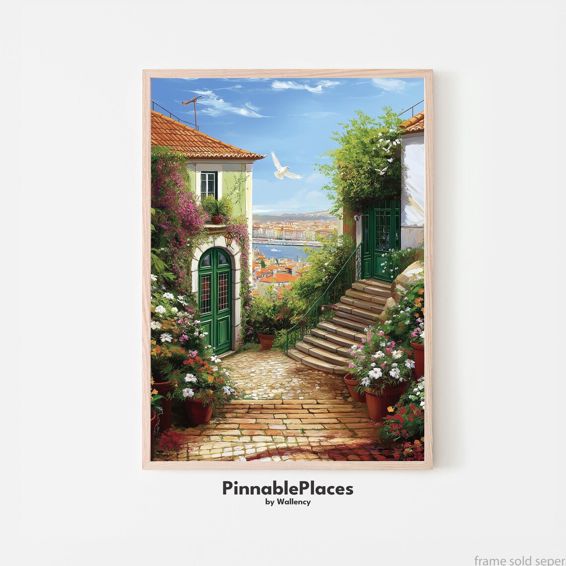 Old Mediterranean Town Alley Bougainvillea Oil Painting Style Poster