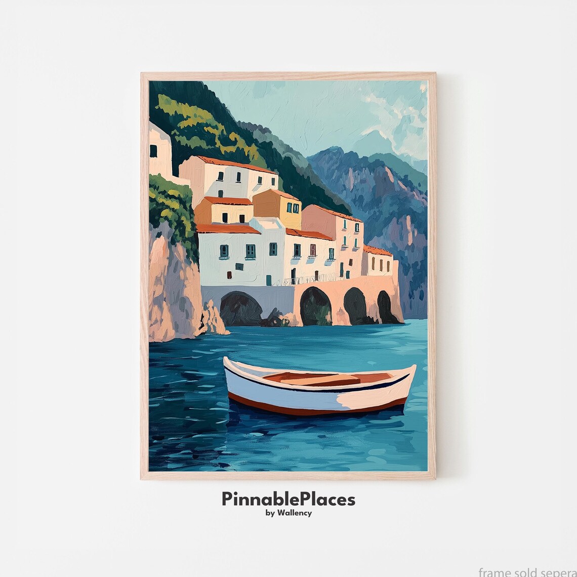 Amalfi Coast Italy Cliffside Village Boat Gouache Seascape Art Poster