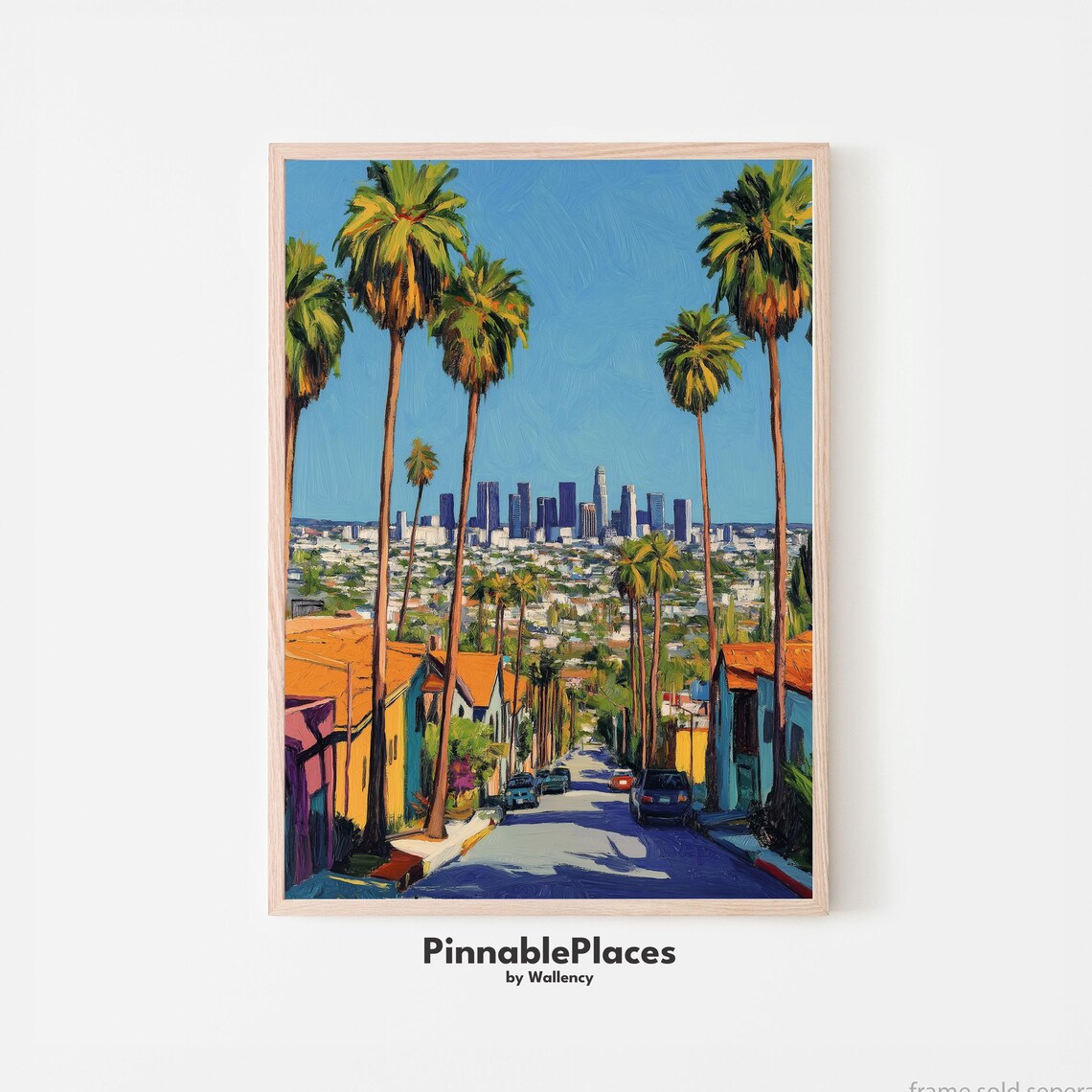 Los Angeles Palm Lined Street Downtown Skyline Gouache Art Poster