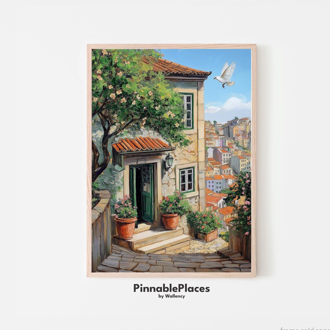 Lisbon Old Stone House Green Door Dove Cityscape Painting Poster