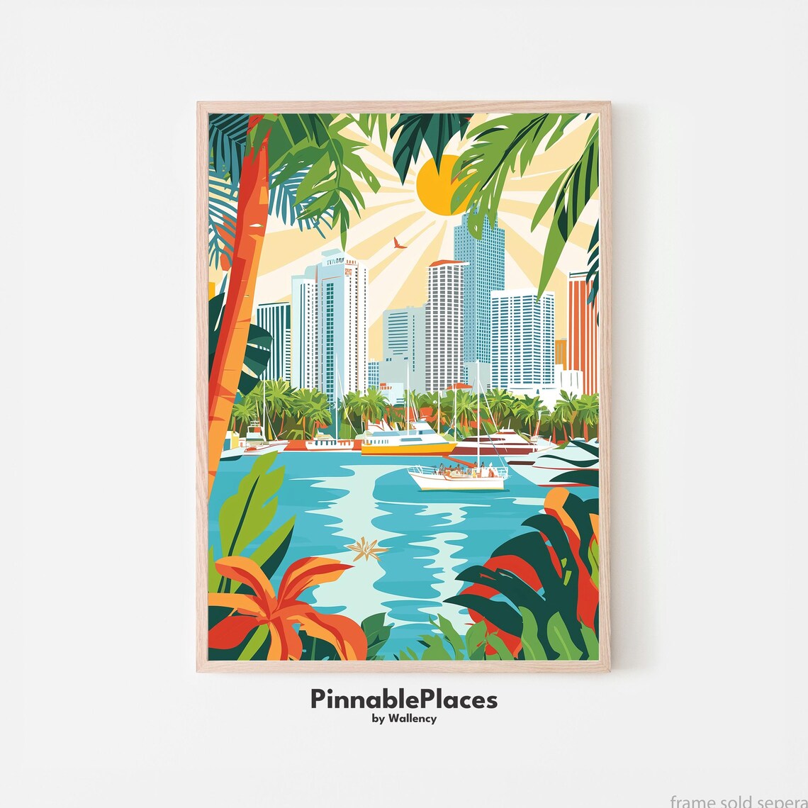 Miami Tropical Skyline Palms Boats Sunshine Retro Travel Art Poster