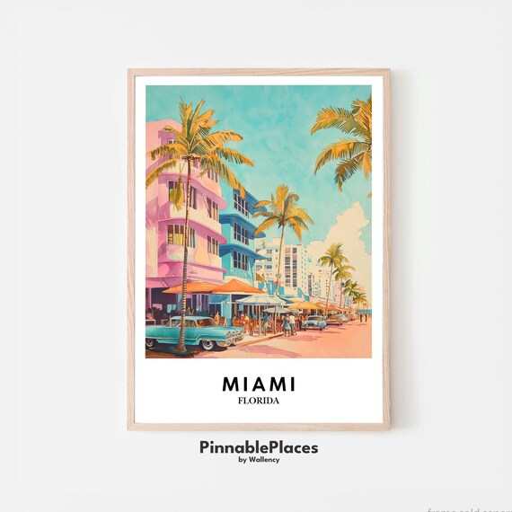 Miami South Beach Watercolor Poster Art Deco Hotels Florida Palm Trees