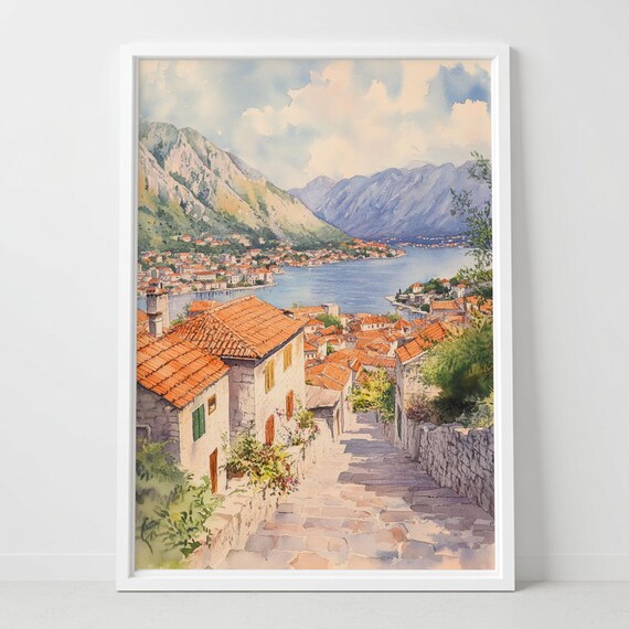 Old European Bay Town Red Roofs Stone Steps Watercolor Poster