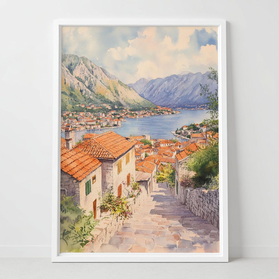 Old European Bay Town Red Roofs Stone Steps Watercolor Poster