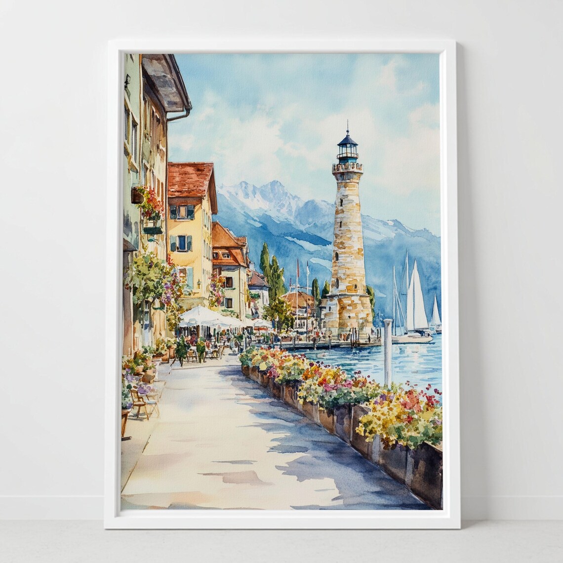 Lindau Germany Watercolor Harbor Lighthouse Sailboats Mountain Lake Poster