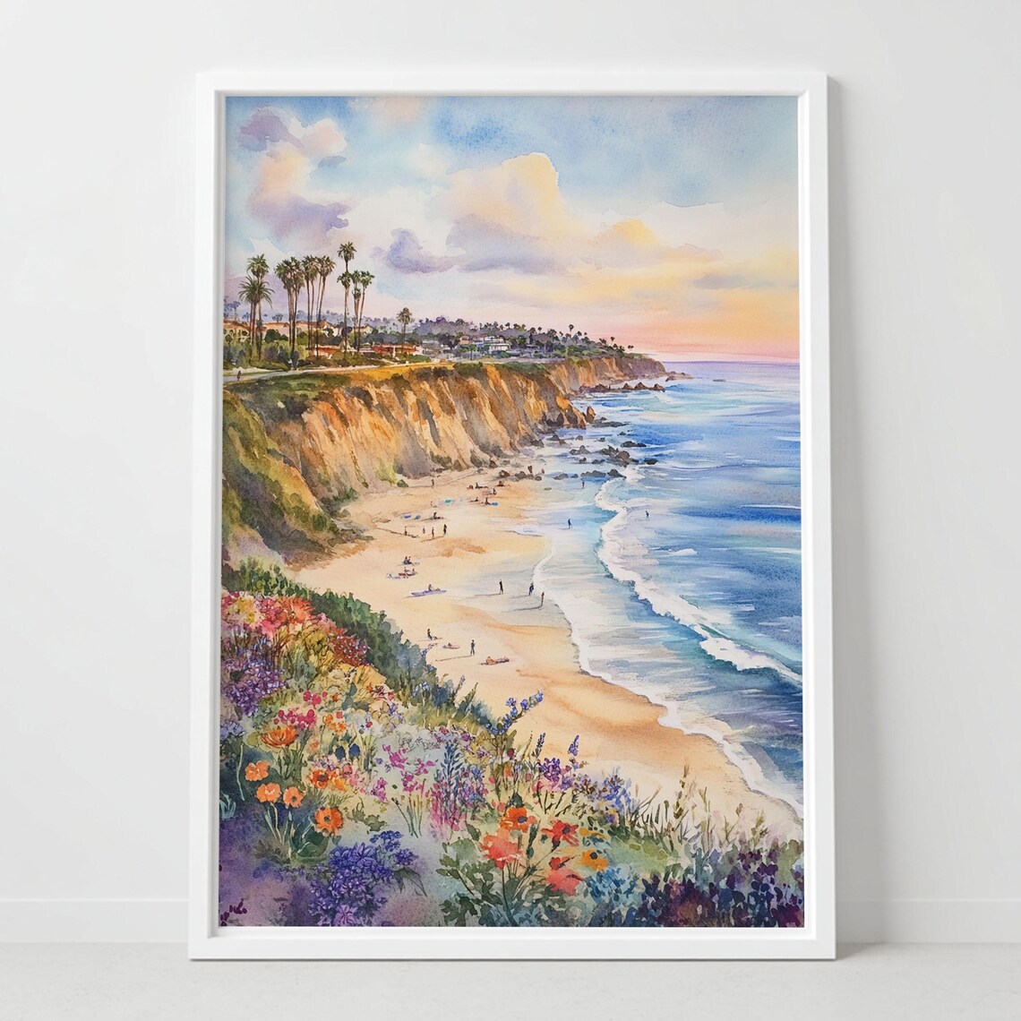 Del Mar California Beach Cliffs Sunset Watercolor Landscape Poster