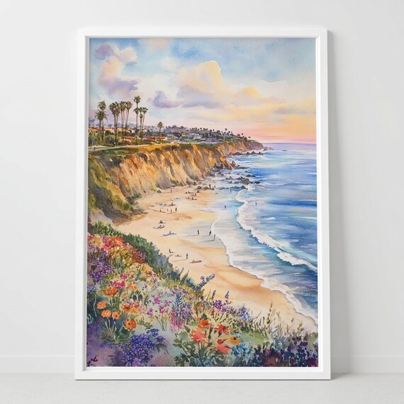 Del Mar California Beach Cliffs Sunset Watercolor Landscape Poster