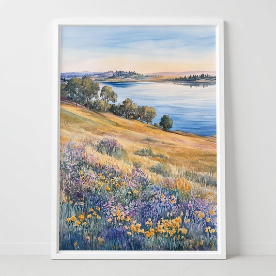 Folsom Lake Golden Hills Wildflower Sunset Watercolor Poster
