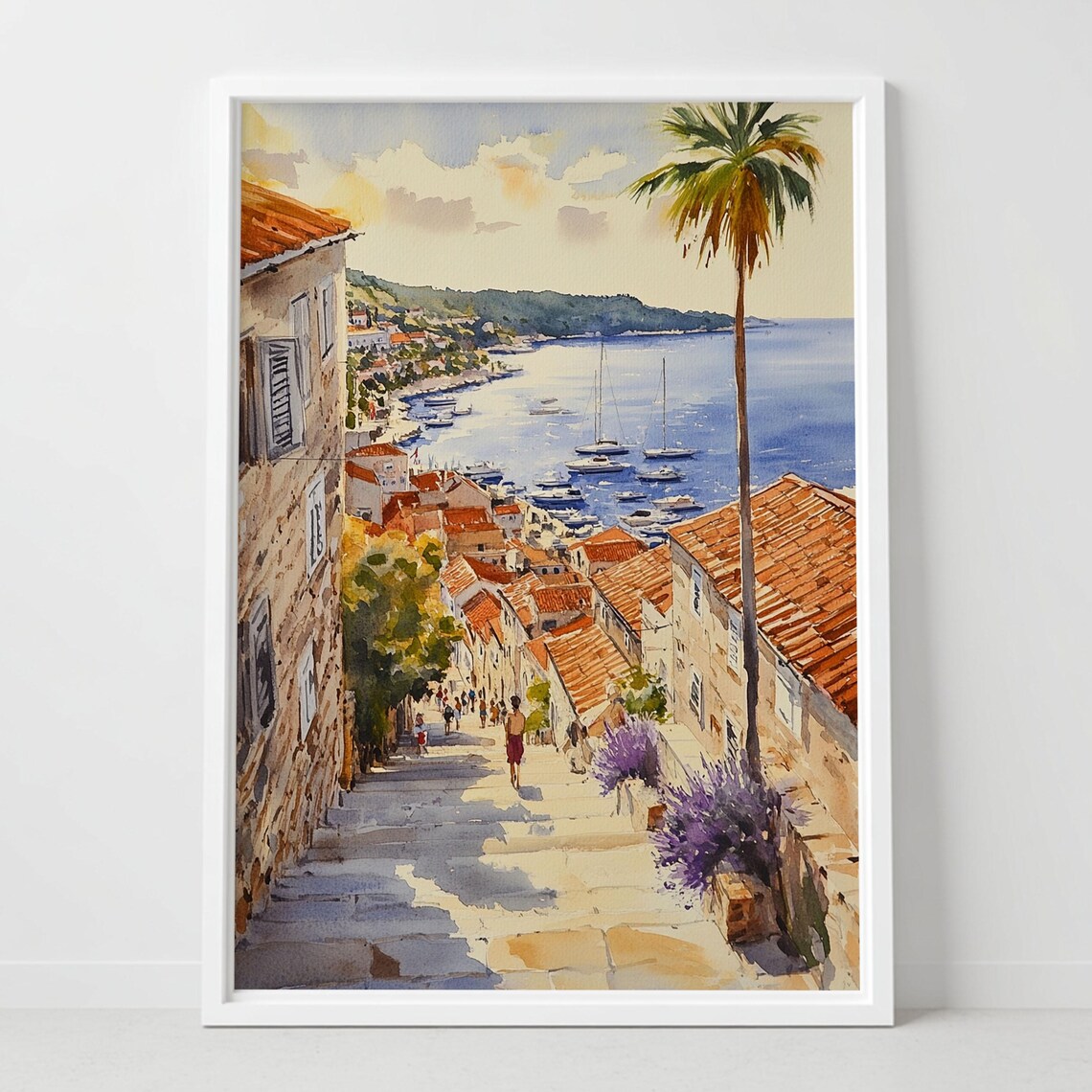 Mediterranean Coastal Seaside Town Watercolor Harbor Art Poster
