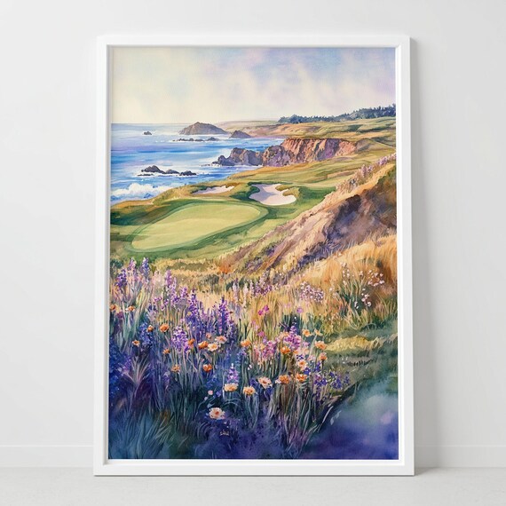Seaside Golf Course Watercolor Wildflower Meadow Ocean View Poster