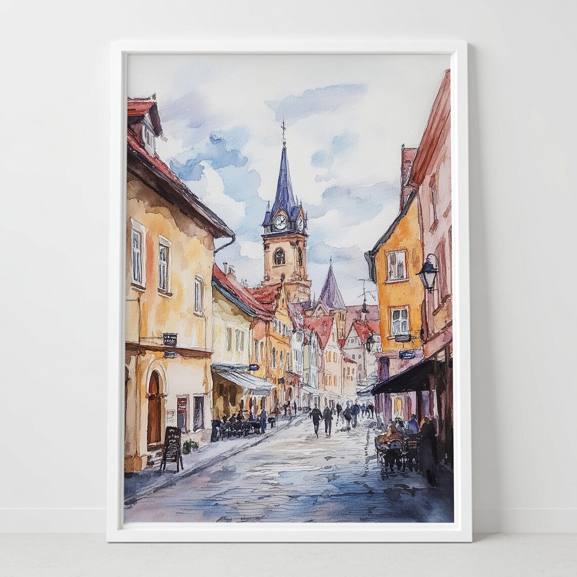 Sibiu Romania Old Town Cobblestone Street Clock Tower Watercolor Poster