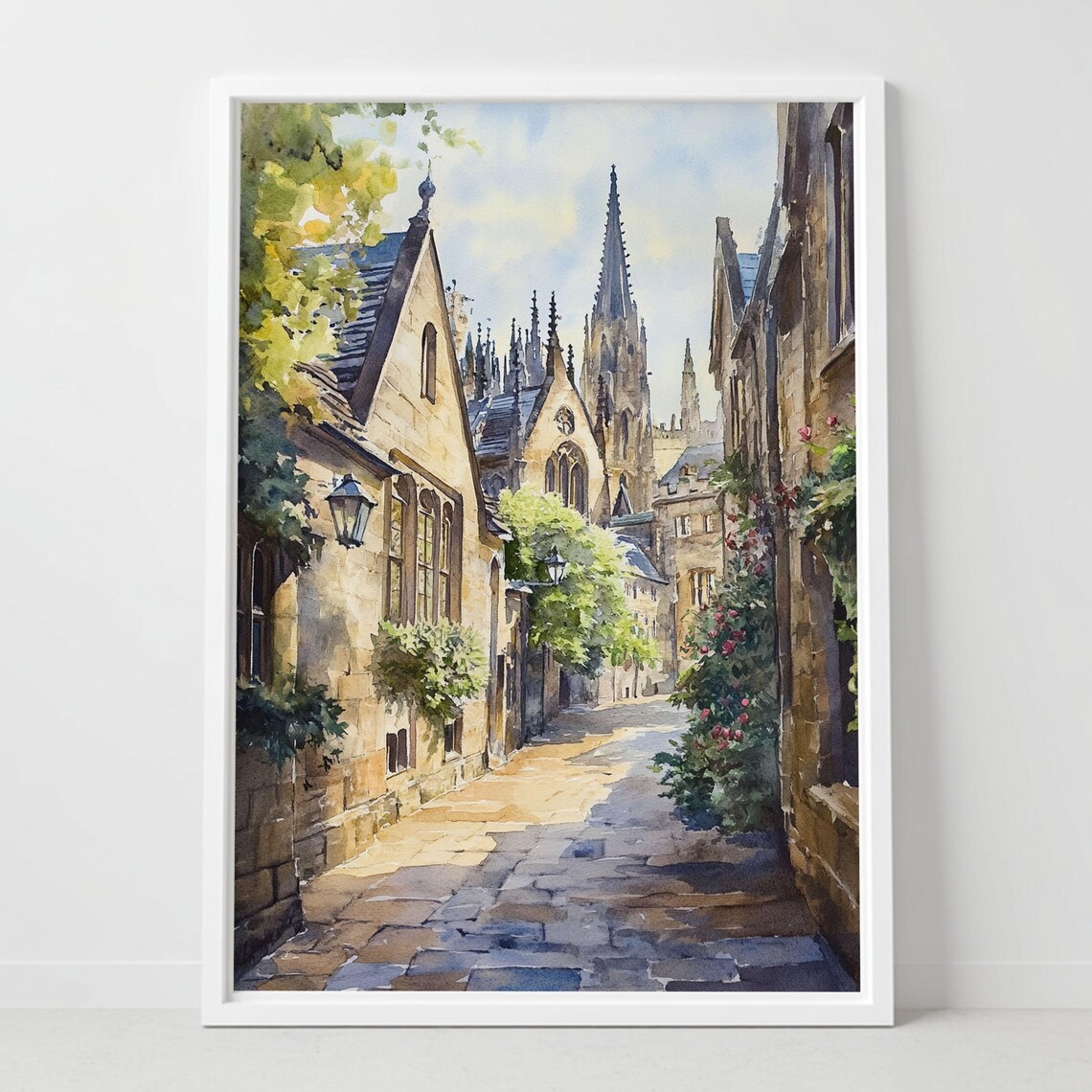 Oxford England Watercolor Poster Old College Lane Stone Spires Art