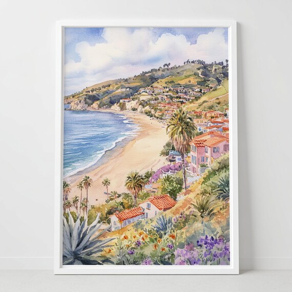 Avila Beach California Sunny Hillside Cove Watercolor Poster