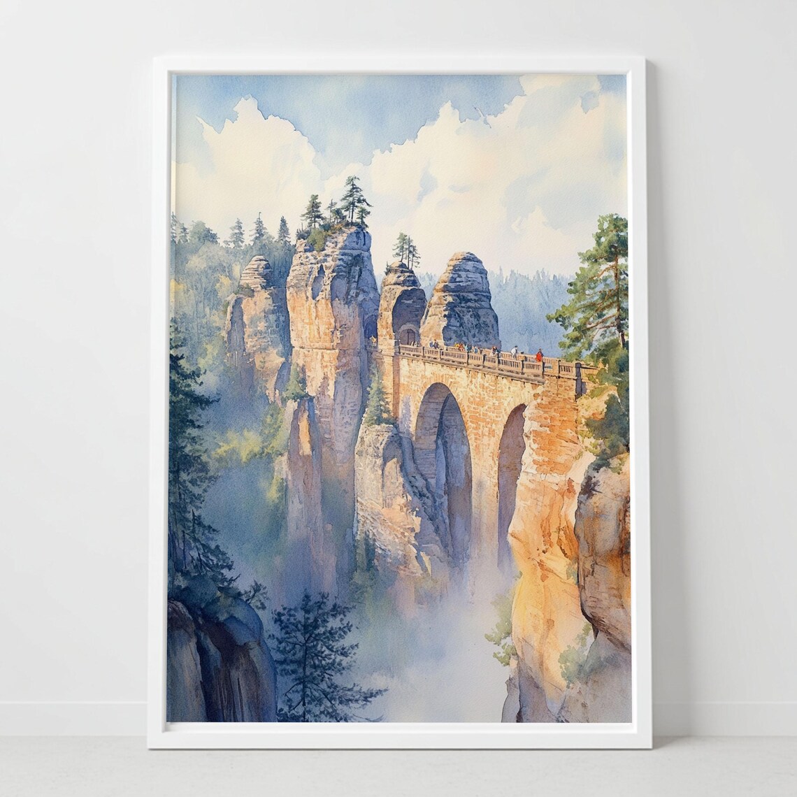 Bastei Bridge Saxon Switzerland Watercolor Poster Sandstone Cliffs Mist