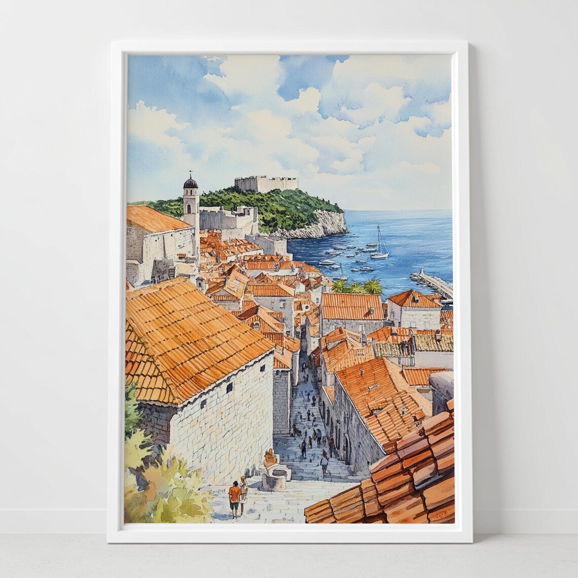 Dubrovnik Croatia Watercolor Old Town Orange Rooftops Sea View Art Poster