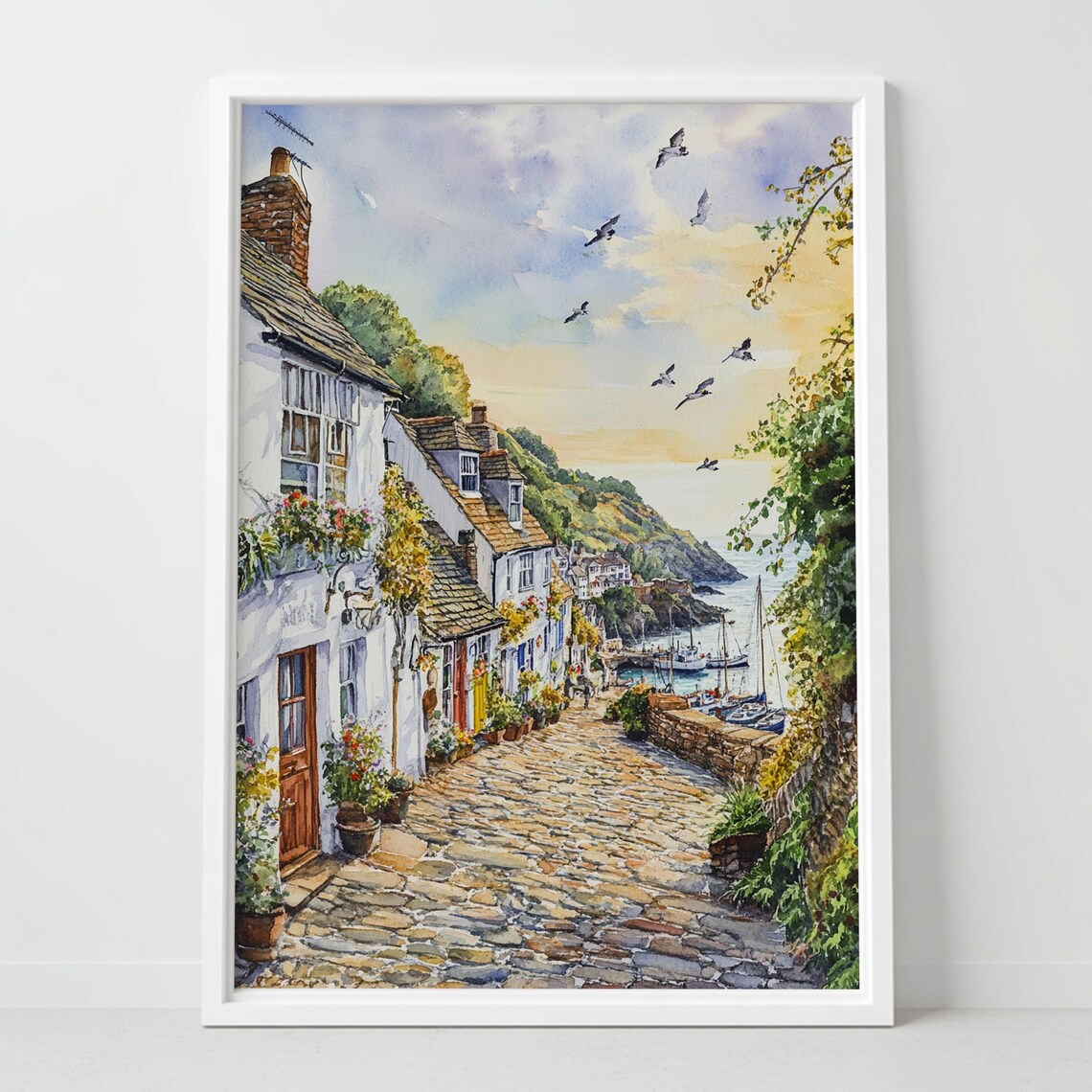 Coastal Fishing Village Cobbled Lane Harbor Watercolor Travel Poster