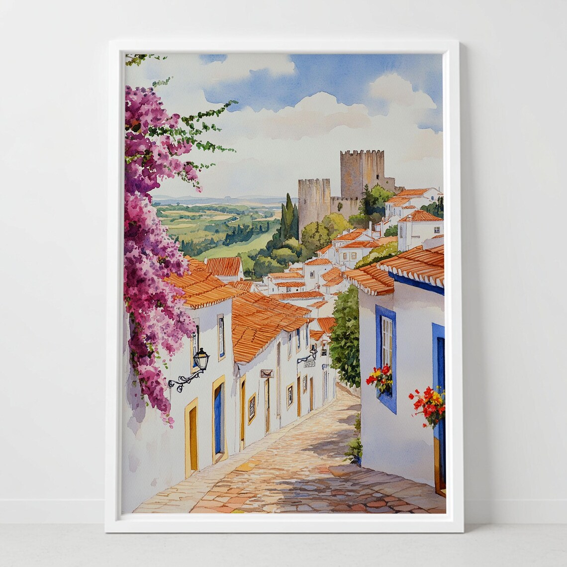 Obidos Portugal Watercolor Art Print, Medieval Village