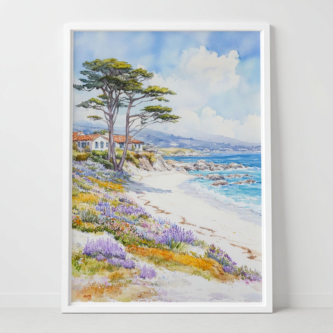 Carmel Beach California Watercolor Cypress Wildflowers Coastal Poster