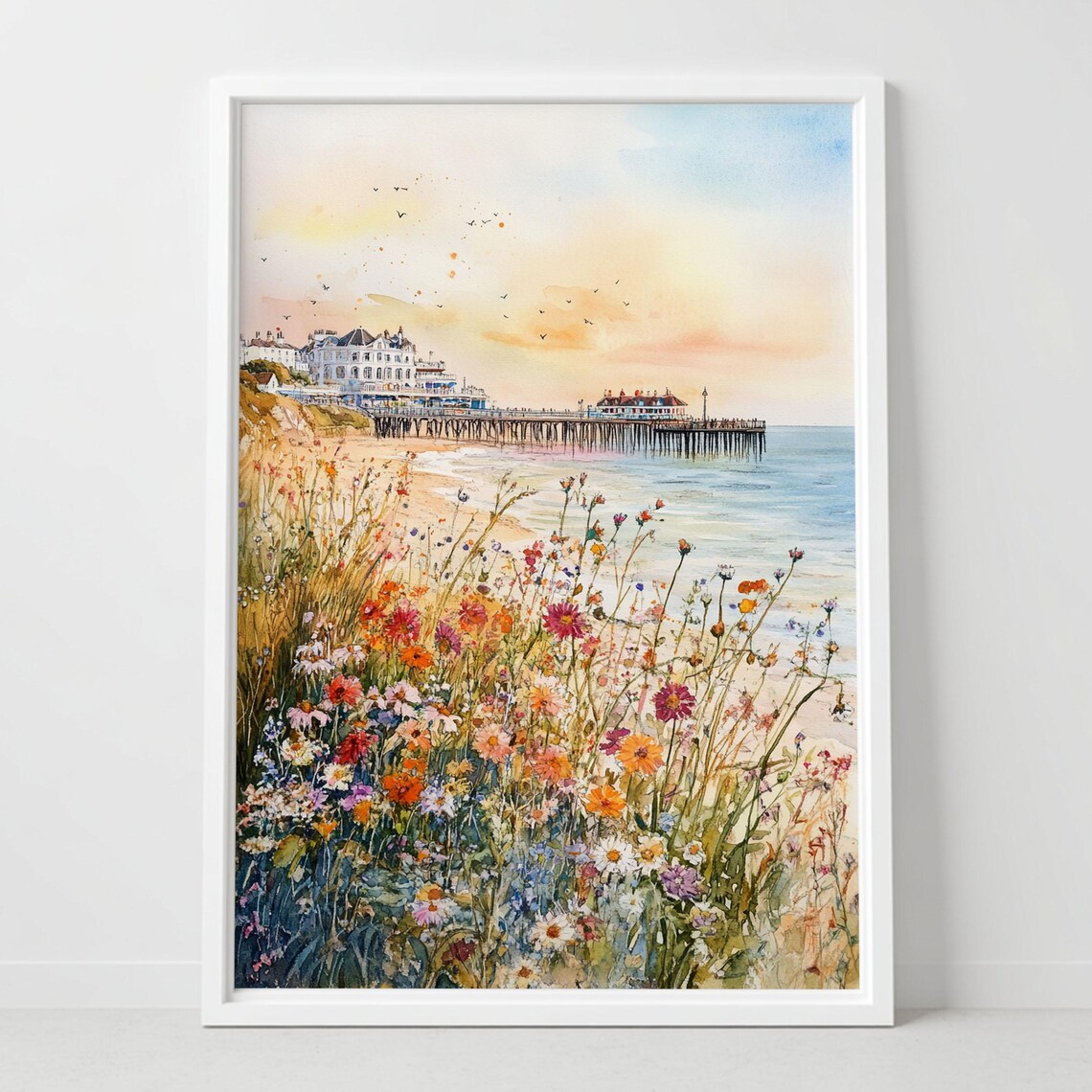 Eastbourne Pier Sunset Wildflowers Beach Seaside Watercolor Art Poster
