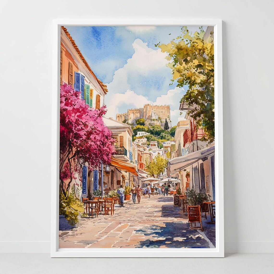 Nafplio Greece Watercolor Art Print, Coastal Mediterranean