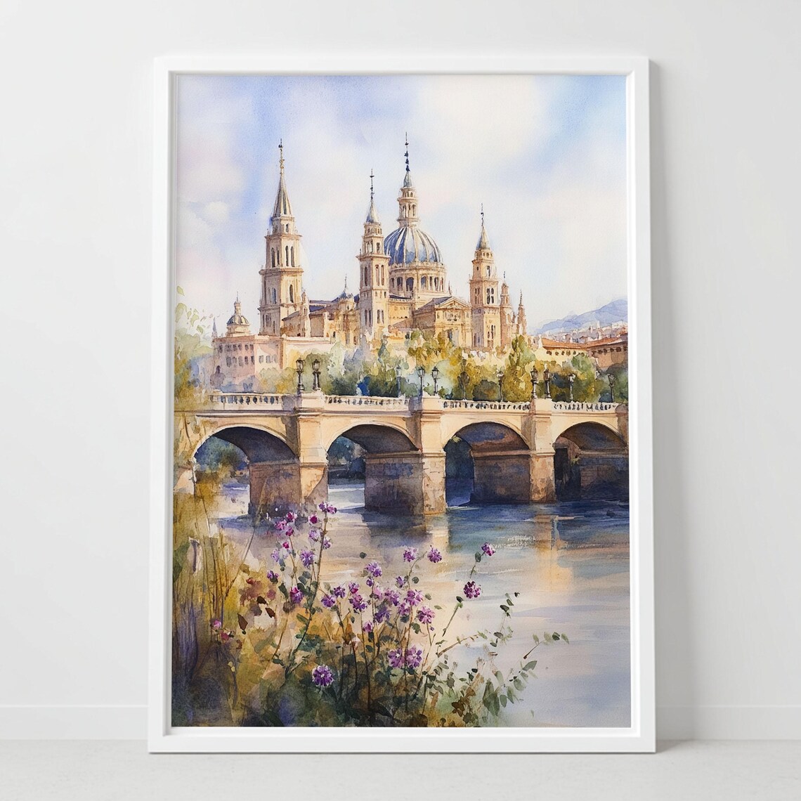 Zaragoza Spain Basilica of the Pillar River Bridge Watercolor Poster