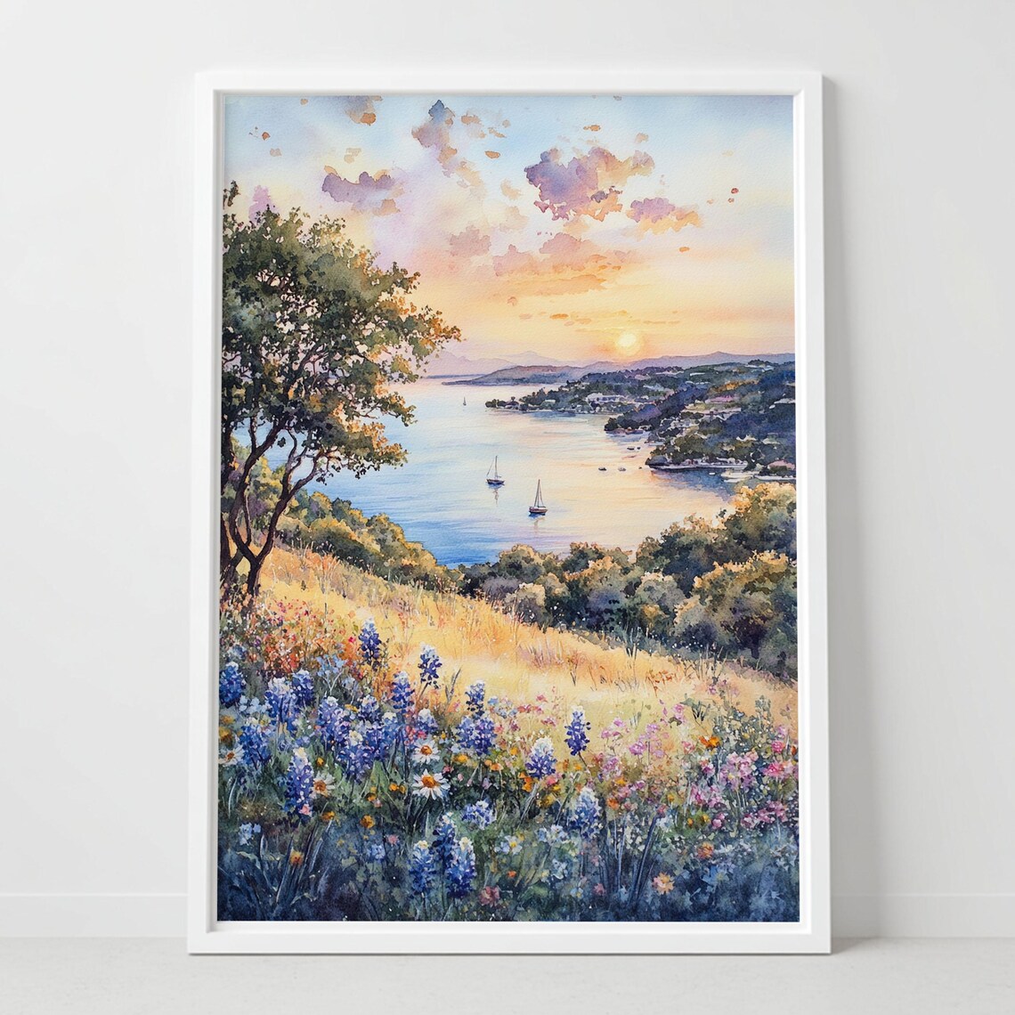 Lake Travis Texas Sunset Bay Wildflowers Watercolor Art Poster
