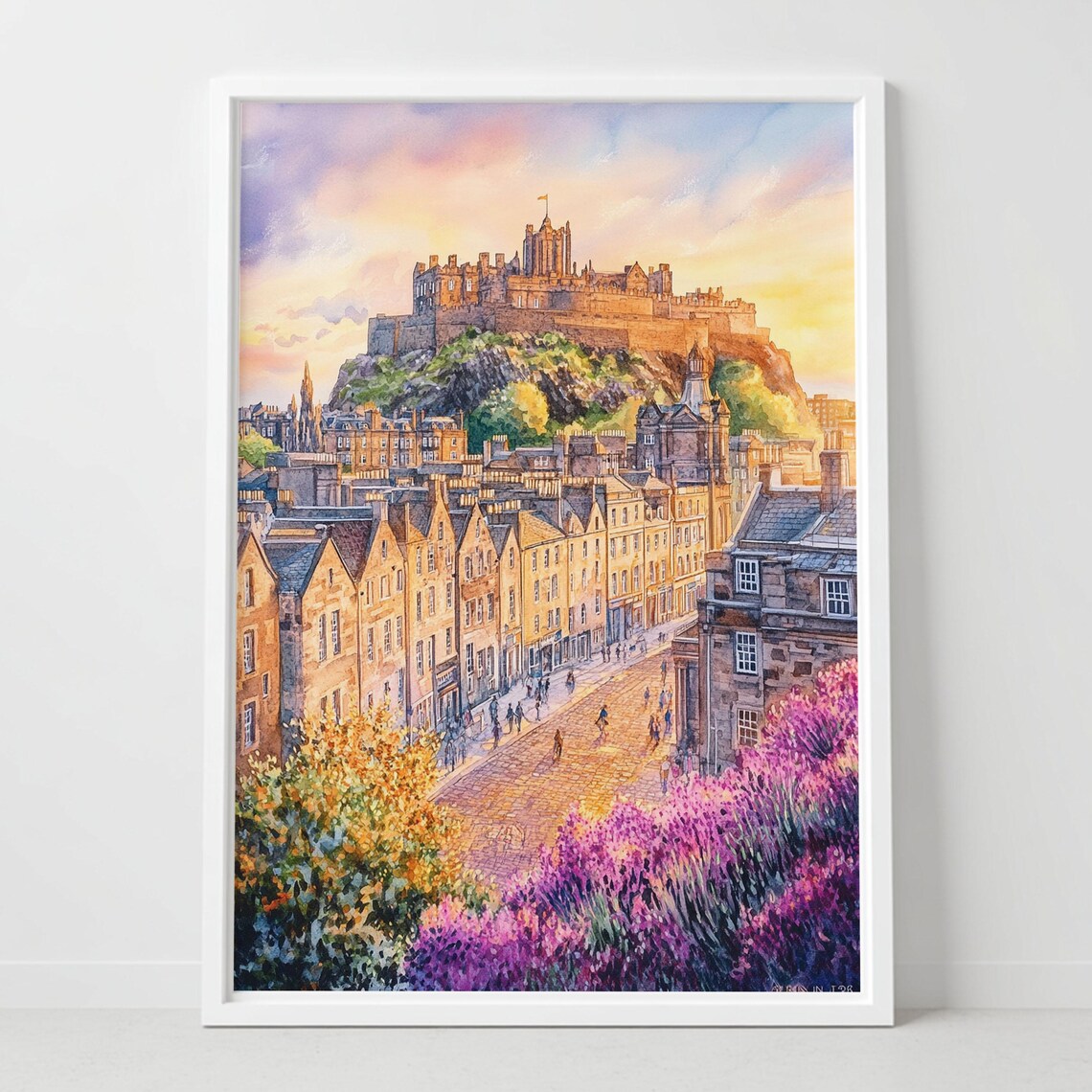 Edinburgh Castle Royal Mile Sunset Watercolor Cityscape Poster