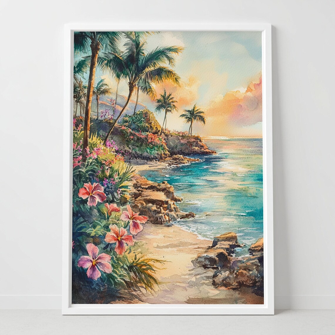 Tropical Hibiscus Sunset Palm Coast Watercolor Island Art Poster