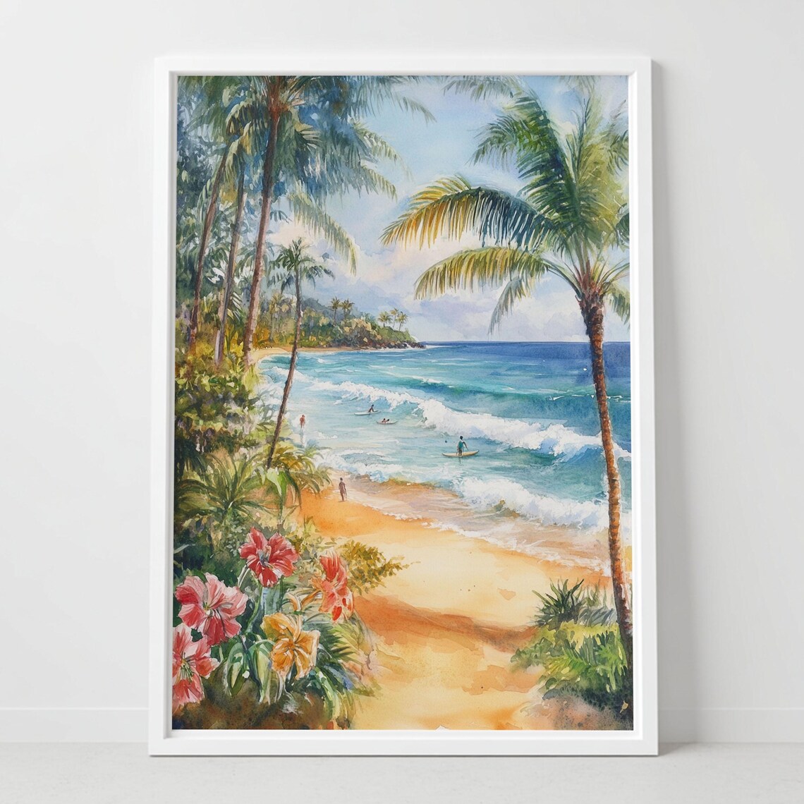 North Shore Hawaii Surf Beach Palm Trees Watercolor Tropical Art Poster