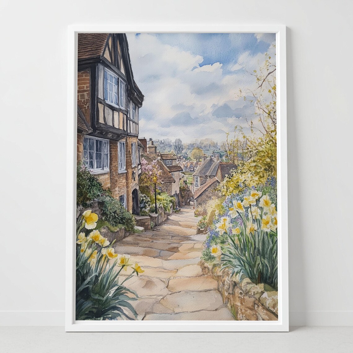 Shrewsbury England Daffodil Lane Tudor Houses Spring Watercolor Poster