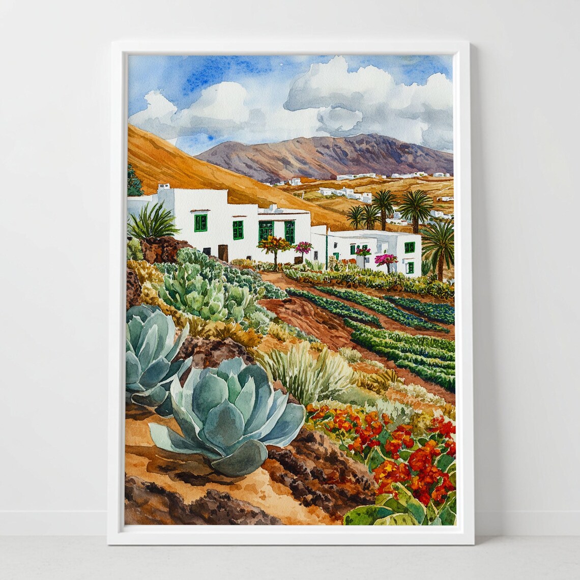 Lanzarote Spain Whitewashed Houses Volcanic Landscape Watercolor Poster
