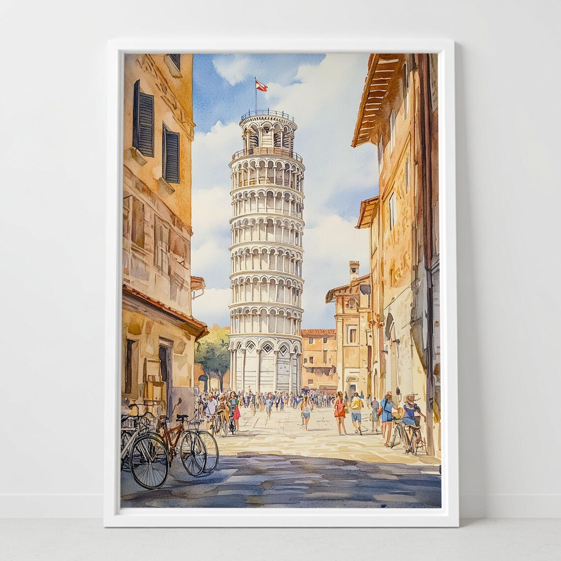 Leaning Tower of Pisa Piazza Tourists Watercolor Painting Poster