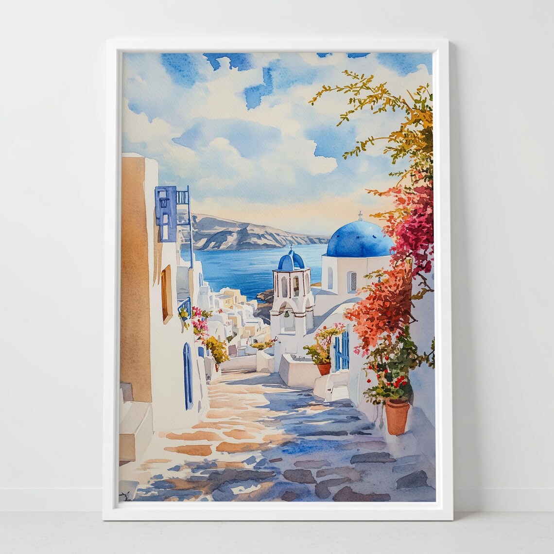 Santorini Oia Greece Blue Domes Aegean Sea Village Watercolor Poster
