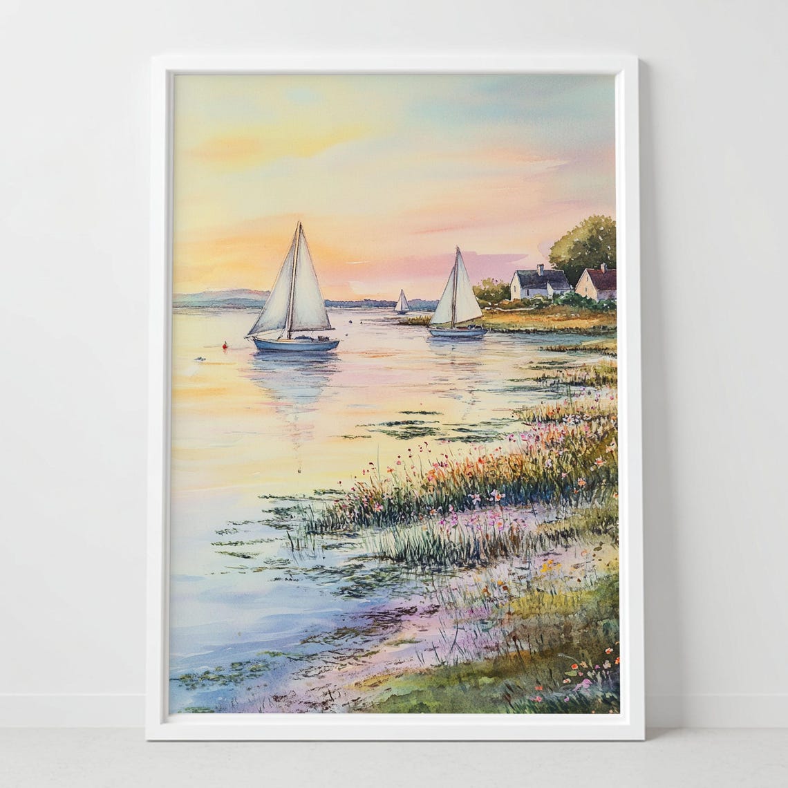 Sailboats Sunset Harbor Watercolor Coastal Marsh Seascape Poster