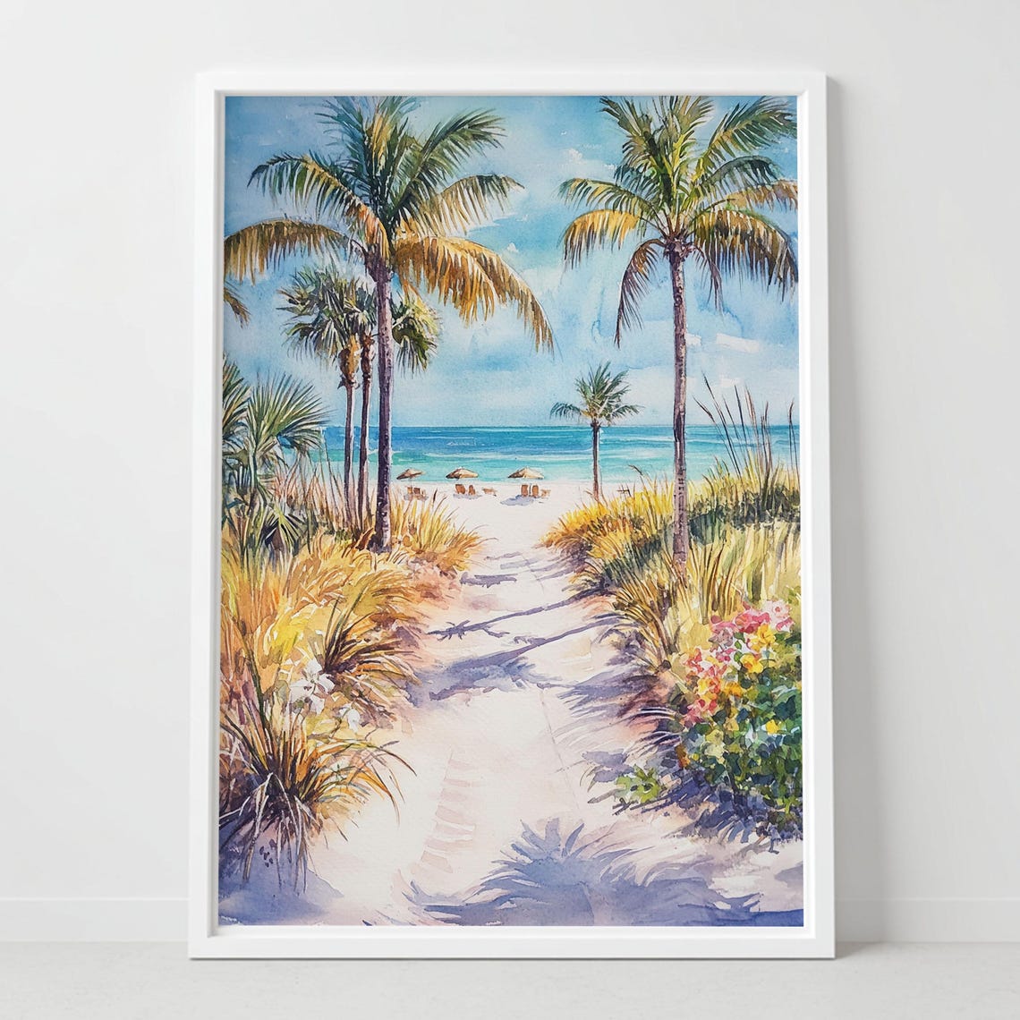 Marco Island Palm Trees Beach Path Tropical Watercolor Poster