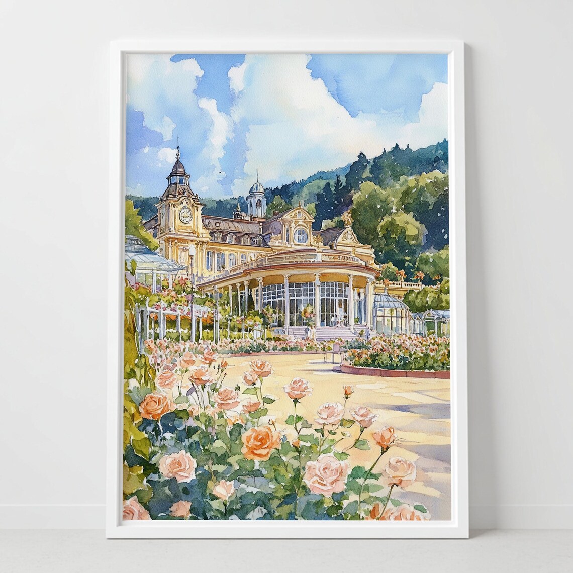 Baden-Baden Germany Kurhaus Rose Garden Scenic Watercolor Poster