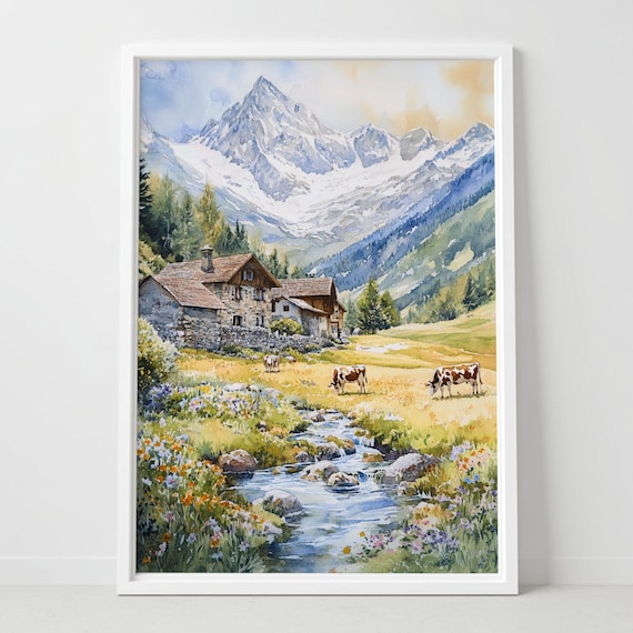 Vanoise National Park French Alps Chalet Watercolor Art Poster