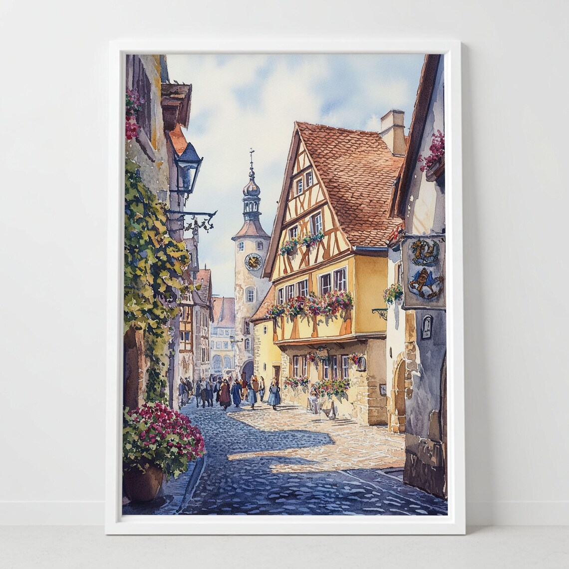 Rothenburg Germany Flower Lined Cobblestone Street Watercolor Poster