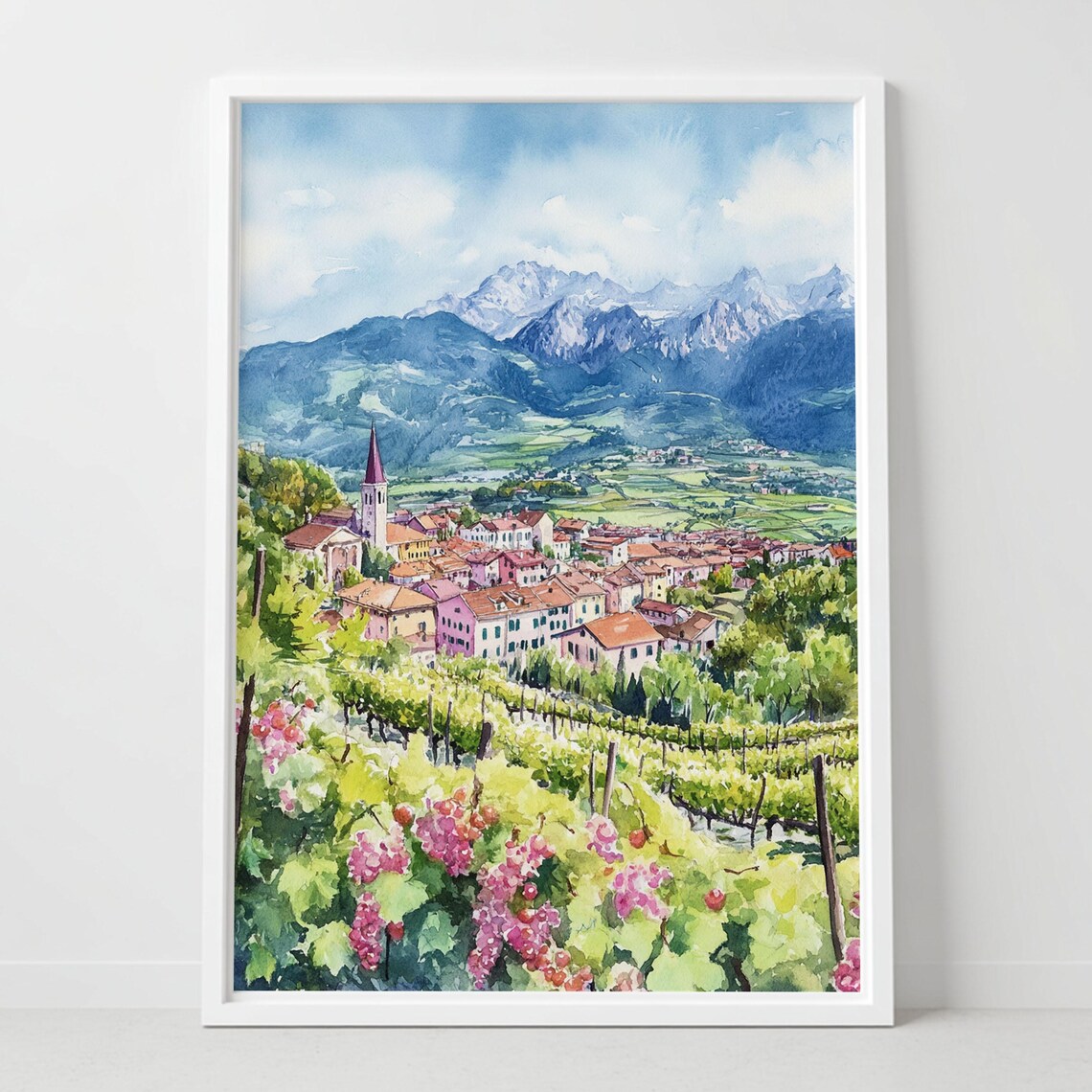 Alpine Village Vineyard Watercolor Mountain Church Valley Poster