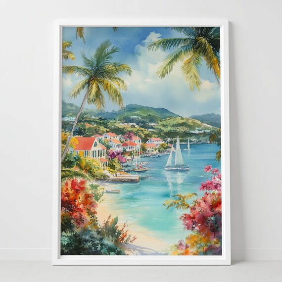 Antigua Caribbean Island Tropical Bay Sailboats Watercolor Poster