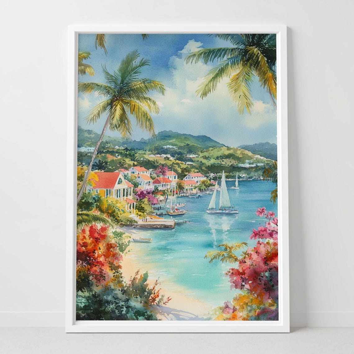 Antigua Caribbean Island Tropical Bay Sailboats Watercolor Poster