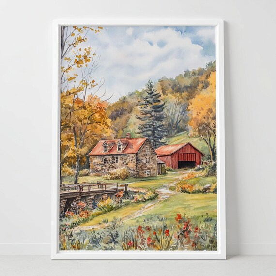 Autumn Stone Farmhouse Red Barn Fall Foliage Watercolor Poster