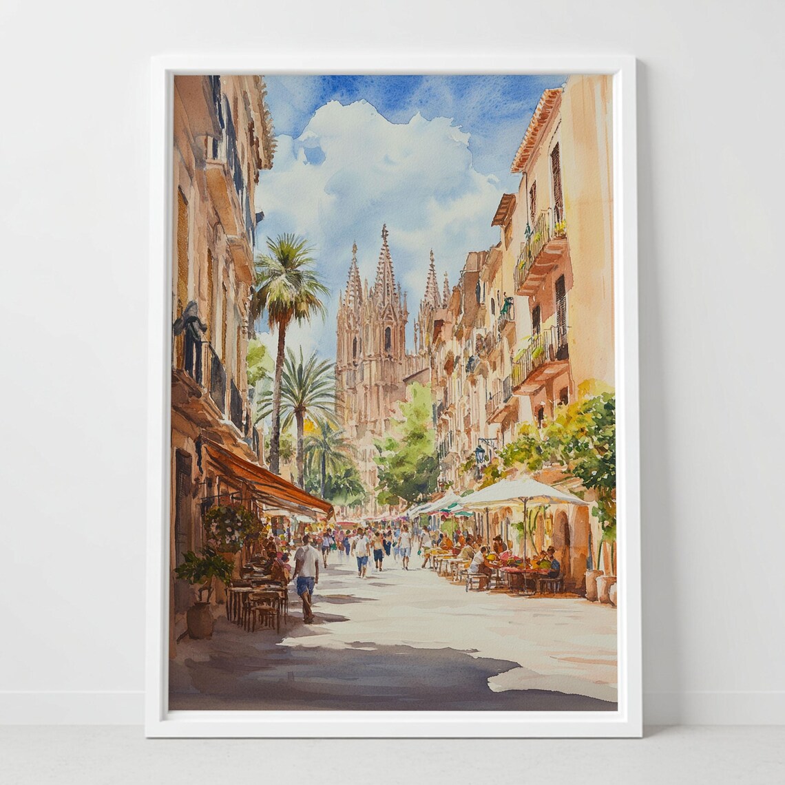 Palma de Mallorca Cathedral Street Watercolor Spain Travel Poster Art