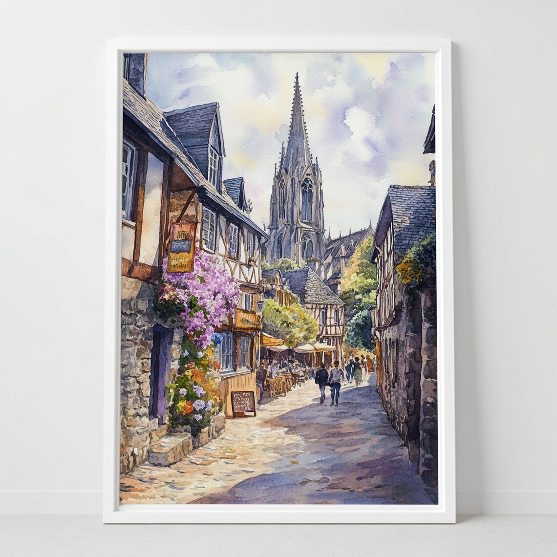 Treguier France Medieval Street Church Spire Brittany Watercolor Poster
